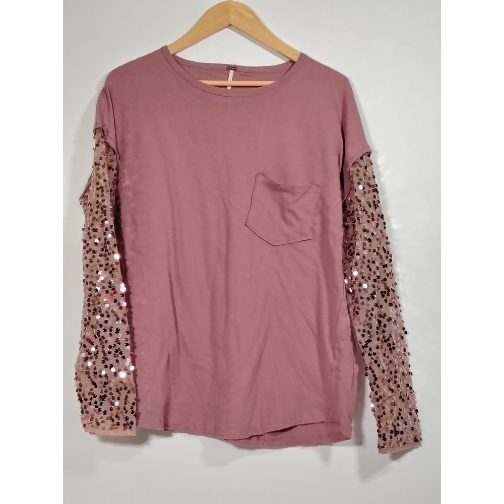 Free People Celine Sequin Sleeve Pocket T Shirt Rose Pink Cotton Blend Women's‎